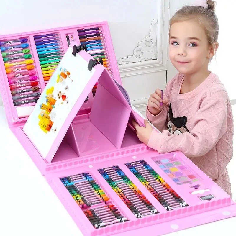 208 Pcs Pink Kids Drawing Board Set Pencil Crayon Watercolor Pens